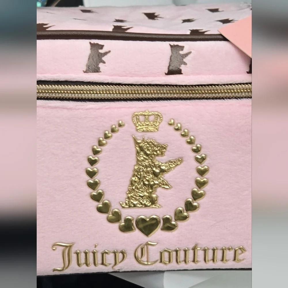 Juicy Couture Makeup Bag Cosmetic Case Scottie Dogs Pink Gold Foil Logo Charms